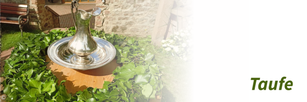 Eine silberne Taufschale und Taufkanne im Grünen